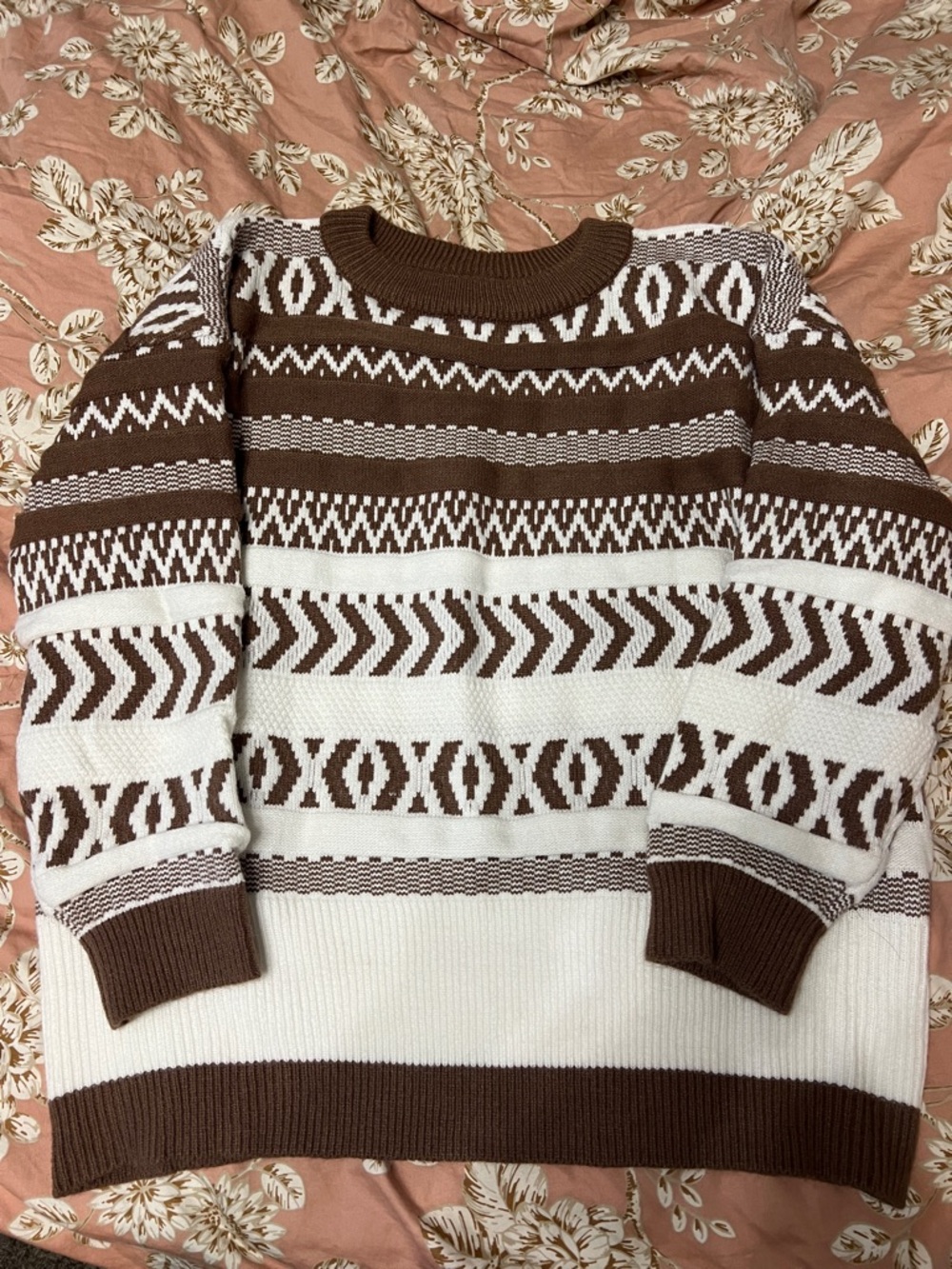 Pink Lily Brown and White Patterned Crewneck Sweater